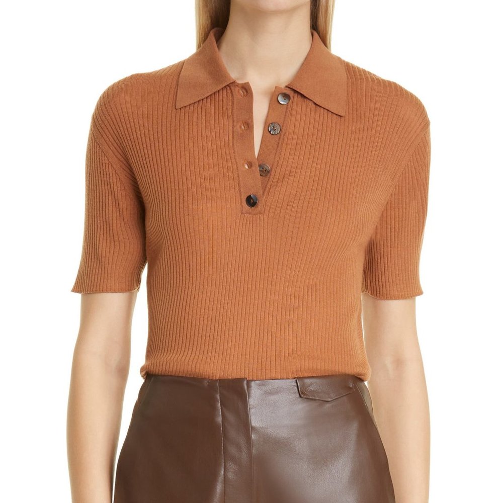 Hatti Ribbed Knit Merino Wool Polo Ginger